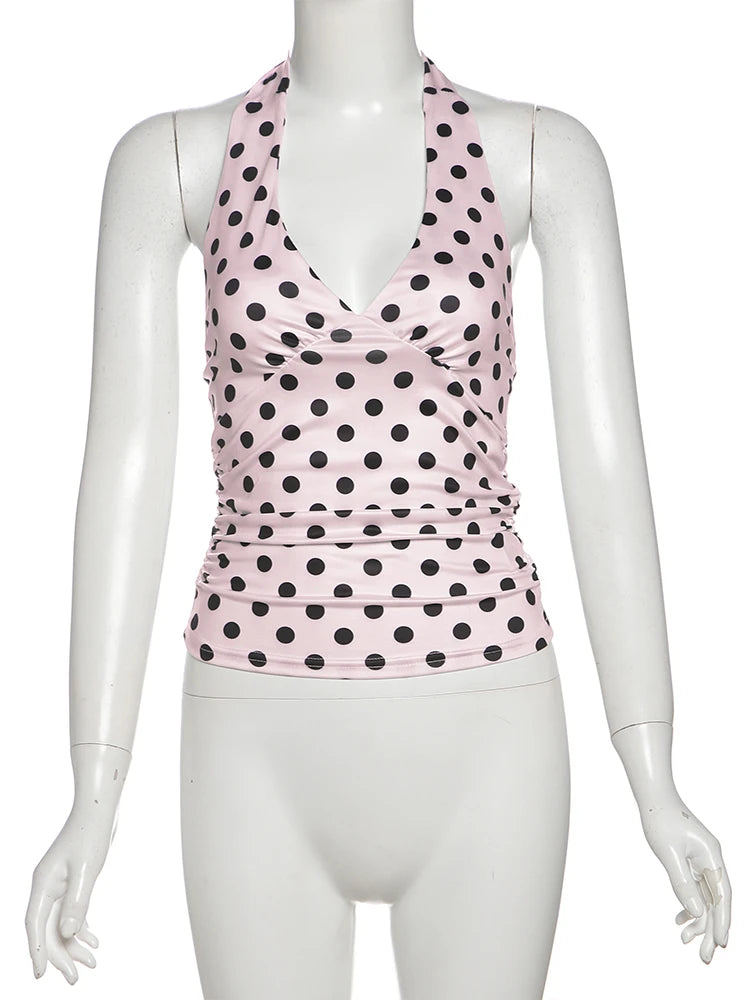 Polka Dot Print Vest Women Y2K Lace-Up Backless Halter v-Neck Skinny Summer Trend Daily Street Basic Chic Tank Tops