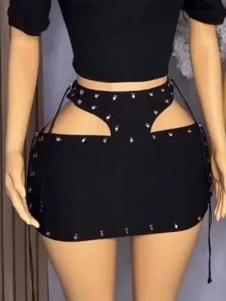 Sexy Hollow Skirts Women Y2K Chic High-Waist Summer Hipsters Street Midnight Clubwear Wild Metal Rings Mini Bottom