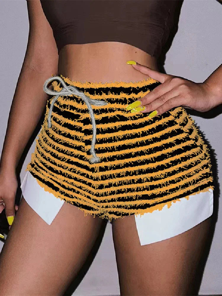 Black and White Striped Knitted Drawstring Slit Booty Shorts Streetwear Baddie Clothes Hot Pants Sexy Clubwear