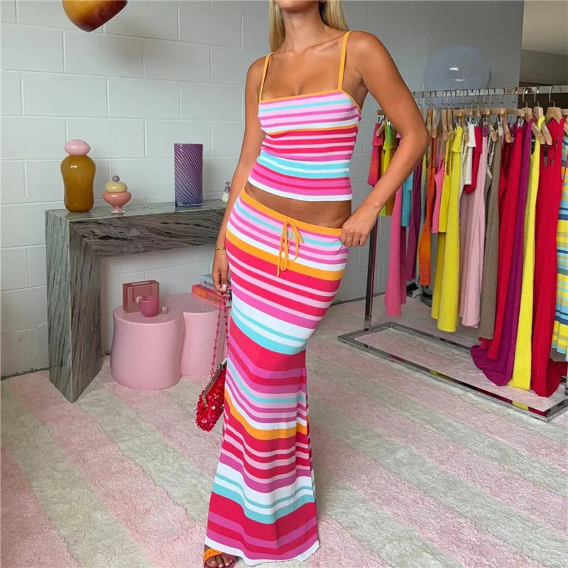 Y2K Sleeveless Spaghetti Strap Tank Tops and Drawstring Long Skirt Set Women’s 2 Piece Summer Outfits Vacation Beachwear