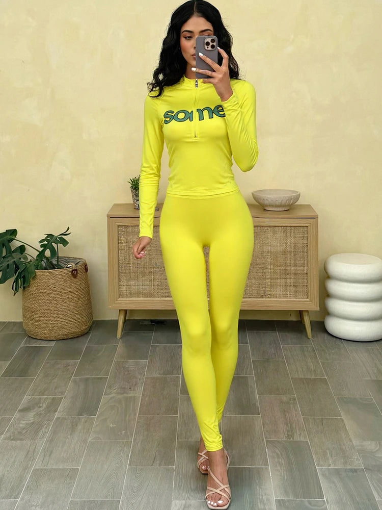 Casual Sporty Women2 Piece Set Letter Print Zip Crop Tops+Leggings Matching Street Stretch Skinny Streetwear Outfits