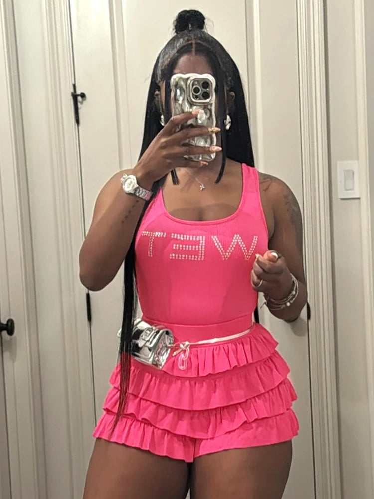 Sexy Fashion 2 Piece Set Women Rhinestones Letter Print Tank Tops+Ruched Tierred Shorts Hot Girls Hipster Streetwear