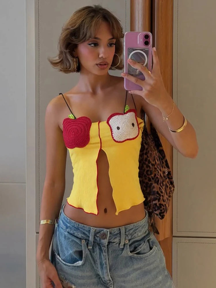 Cartoon Style Camisole Women Fashion Patchwork Backless Skinny Splits Hem 2025 New Trend Arrive Elegant Streetwear