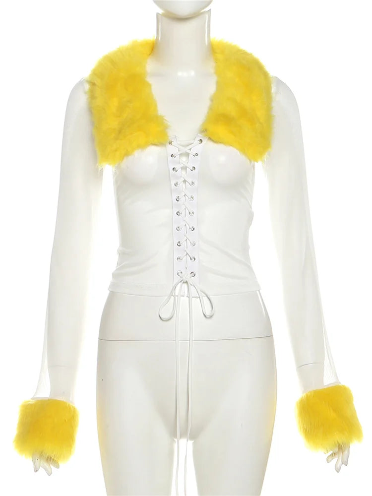 Furry Patchwork 2 Piece Set Women Hipster Mesh Shirring Full Sleeve Crop Tops+Bike Shorts Skinny Y2K Street Clubwear