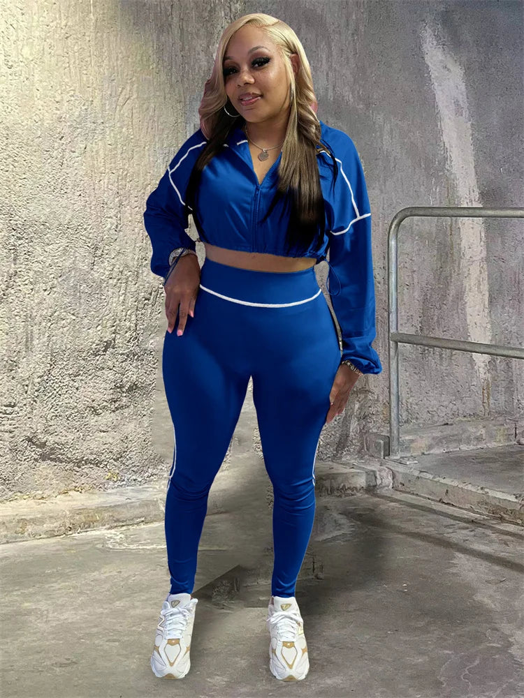 Patchwork 2 Piece Set Women Tracksuit Zip Shirring Hem Crop Jacket+Elastic Leggings Casual Daily Street Sporty Suits