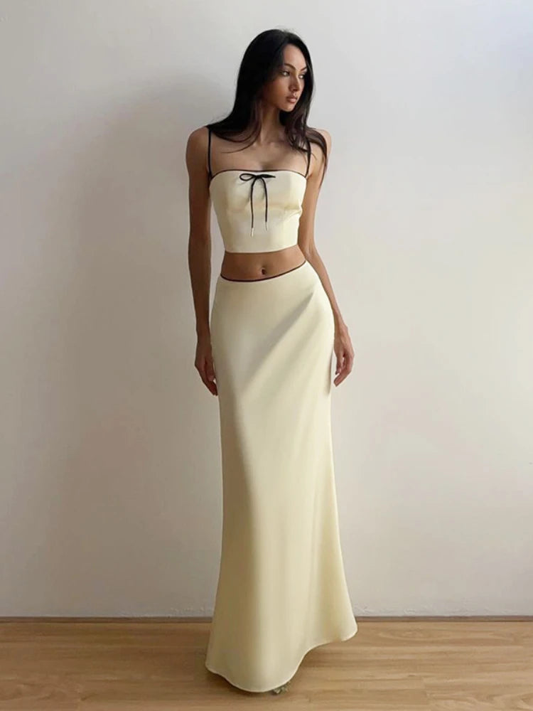 Satin Two Piece Set Crop Top and Maxi Skirt Sets Sexy Summer Outfits Women Elegant Party Dresses
