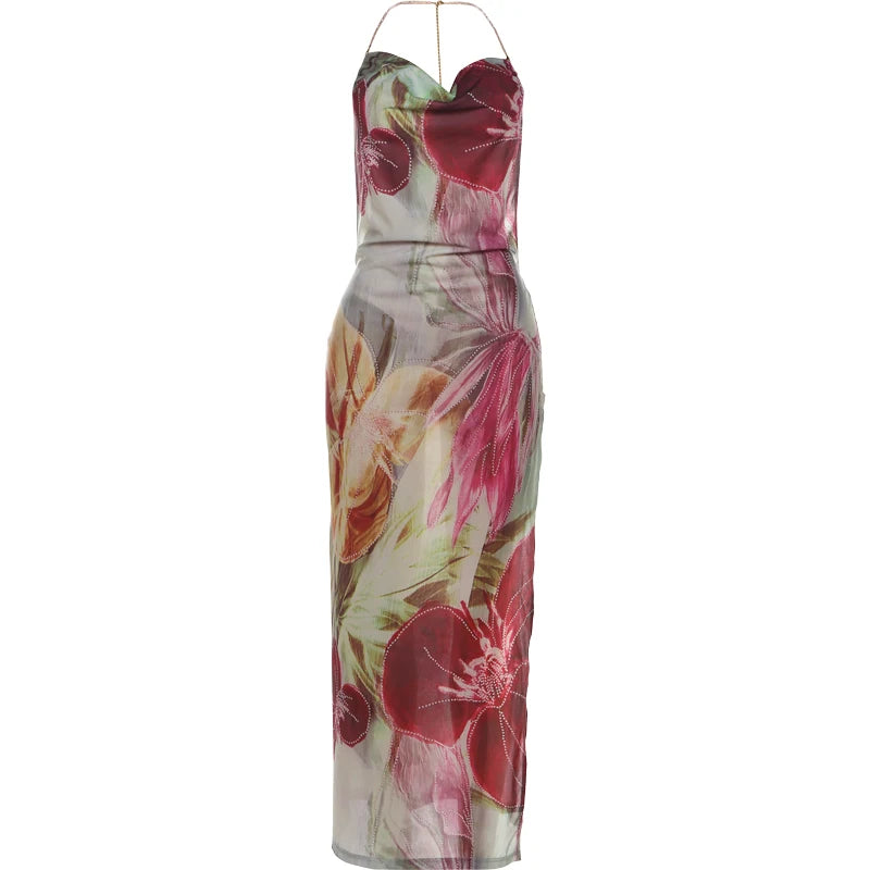 Floral Print Dress Women Bead Chain Halter Swing Collar Backless Vacation Fashion Beach Party Elegant Long Bodycon