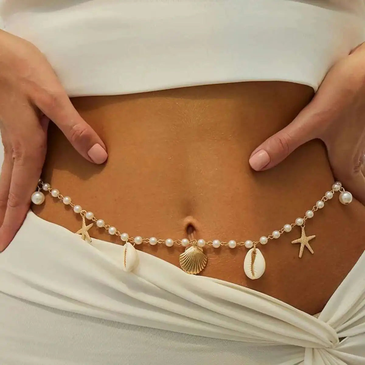 Bohemian Imitation Pearl Starfish Conch Pendant Waist Chain for Women Summer Beach Sexy Bikini Body Chain Charm Jewelry