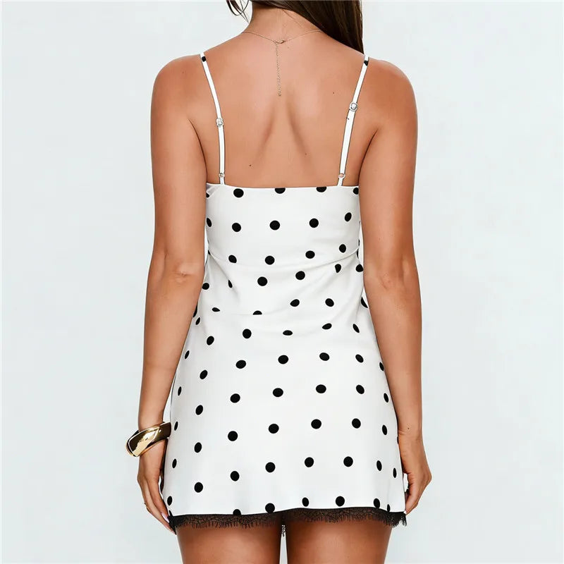 Summer Polka Dot Mini Dress For Women High Waist Sleeveless Dress Spaghetti Strap Sexy Backless Party Club Sundress