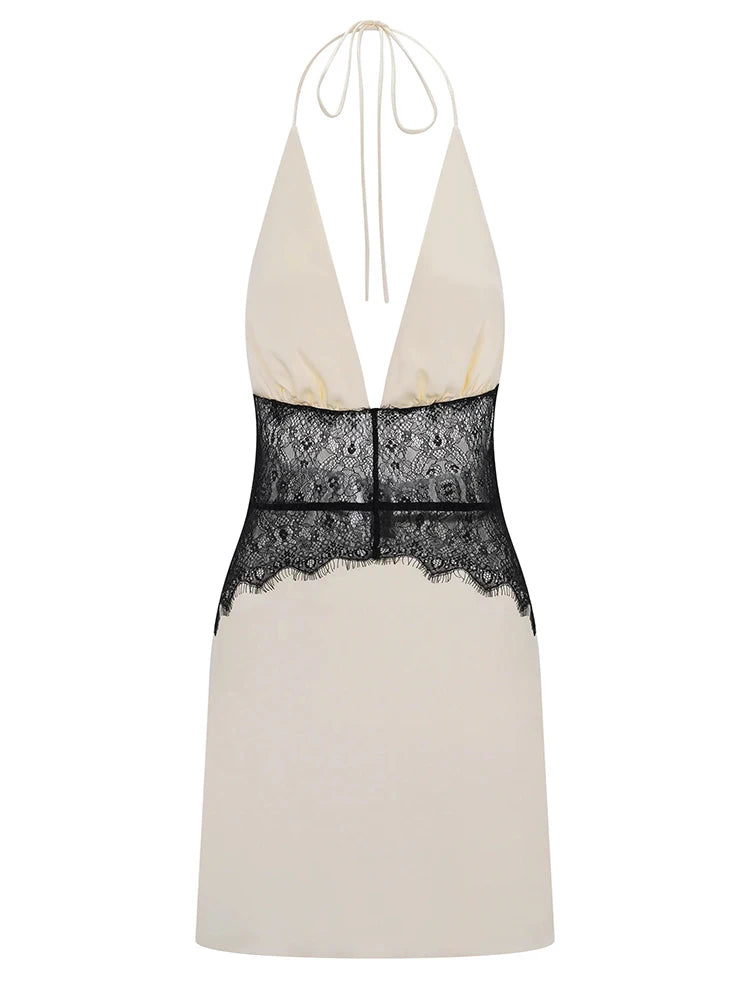 Lace Patchwork Sexy Mini Dress Women Gown Elegant Halter V Neck Sleeveless Backless High Waist Club Party Dresses