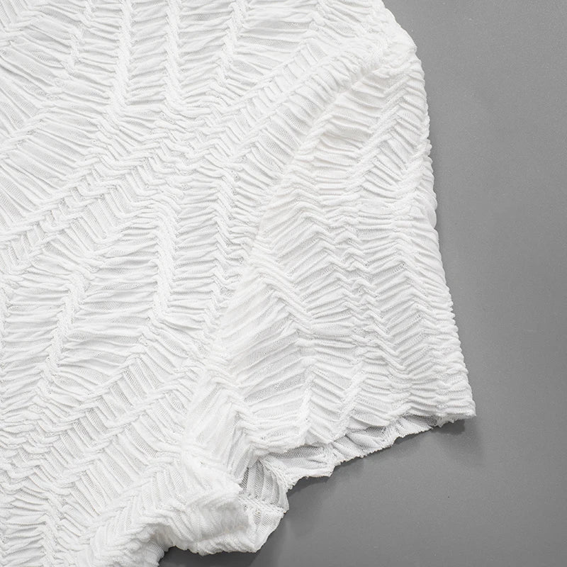 Jacquard Shirring Dress Women See Through Sexy Elegant Chic Y2K Shorts Sleeve Peach Hip Simple Fashion Mini Bodycon