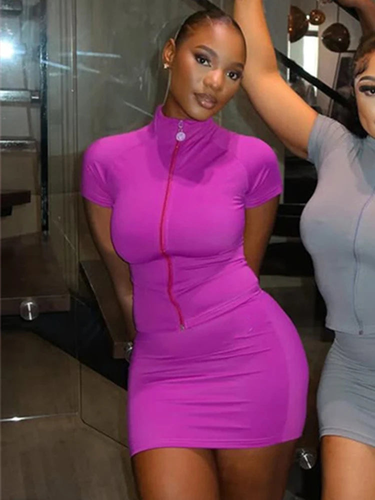 Casual Sporty 2 Piece Set Women Zip Cardigan Turtleneck Short Sleeve Tops+Skinny Mini Skirts Summer Trend Tracksuits