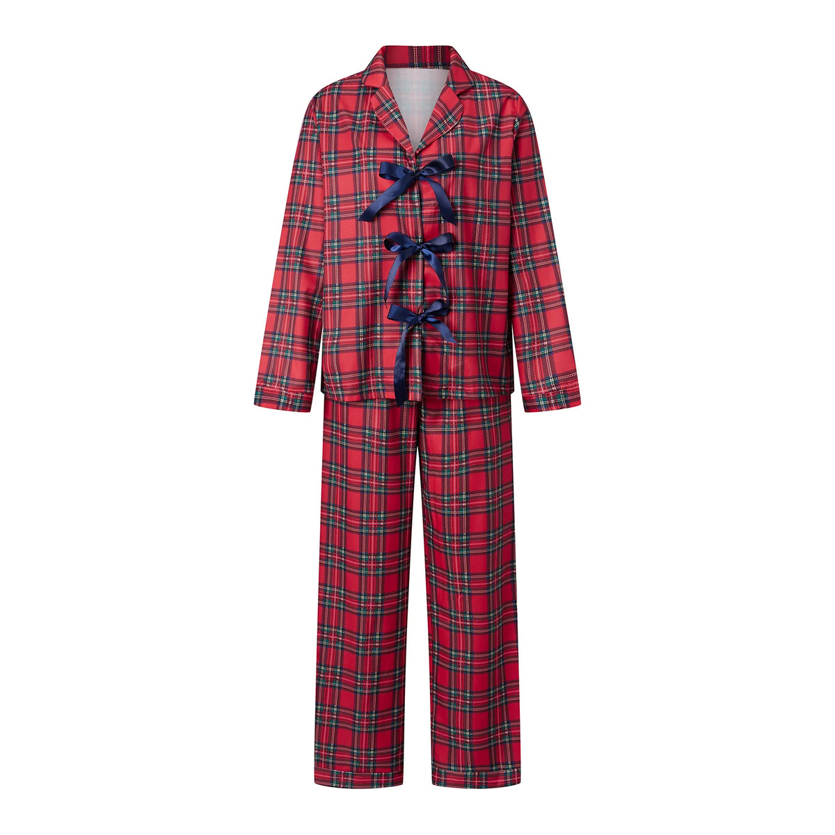 Women Christmas Two Piece Pajama Set Lapel Long Sleeve Bow Tie Top Long Pants Striped Plaid Home Loungewear Sleepwear