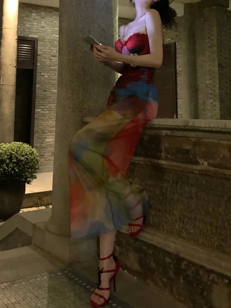 Colorful Print Maxi Dress Patchwork Lace Mesh Low-Neck Sleeveless Backless Summer Trend Vacation Clubwear Vestidos