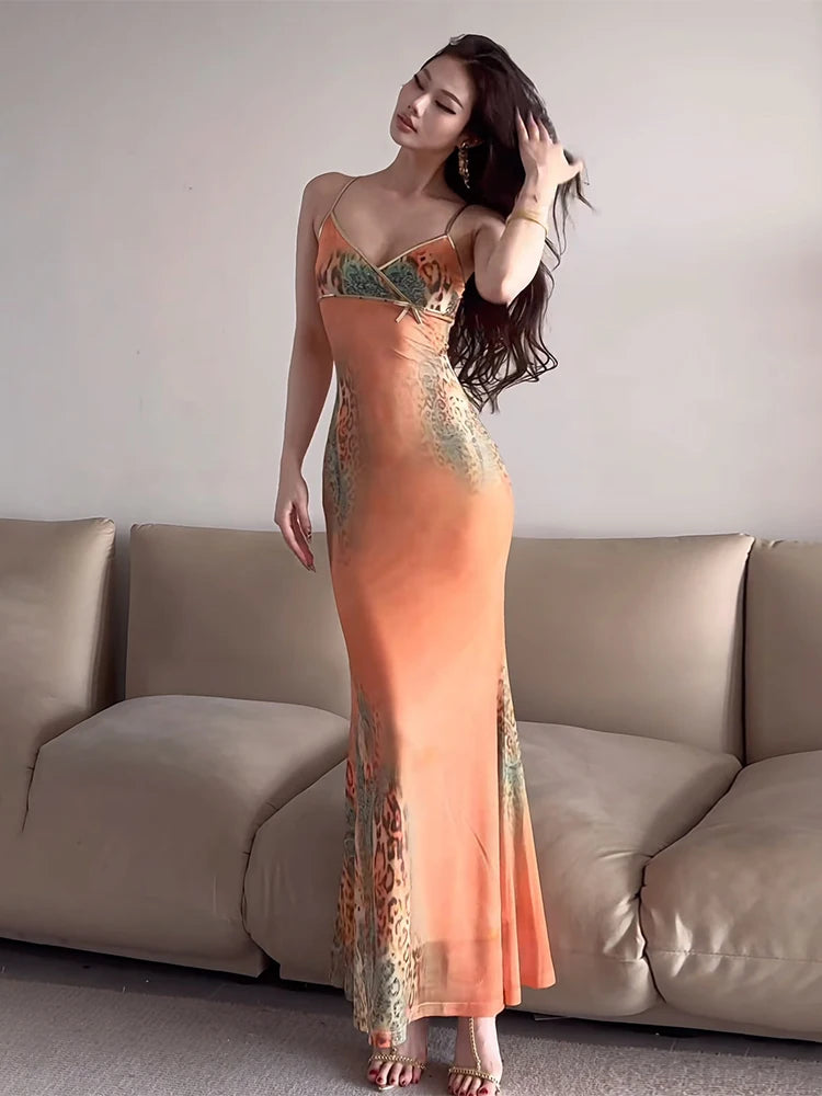 Leopard Print Maxi Dress Women Gradien Y2K Low-Neck Bow Patchwork Summer Trend Skinny Vacation Elegant Party Vestidos