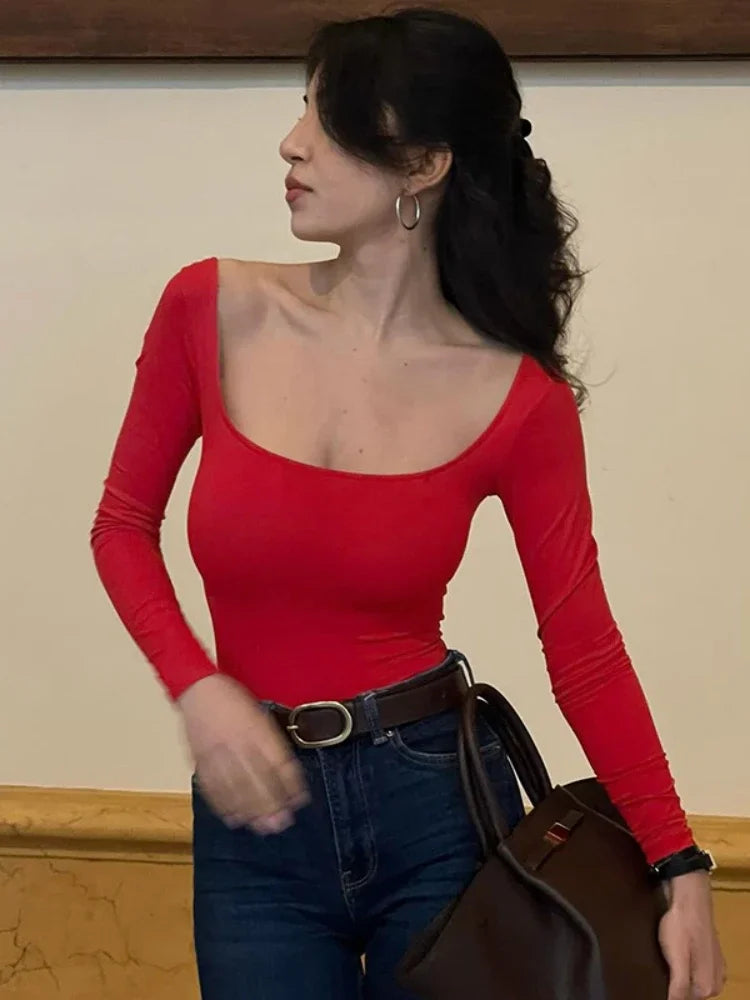 Square Neck Long Sleeve Tops Red Black Basics Tight Fitted T Shirts Fall Clothes 2024 Women