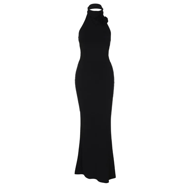 3d Floral-applique Backless Maxi Dresses for Women Black Halter Dress Elegant Sexy Summer Vacation Outfits