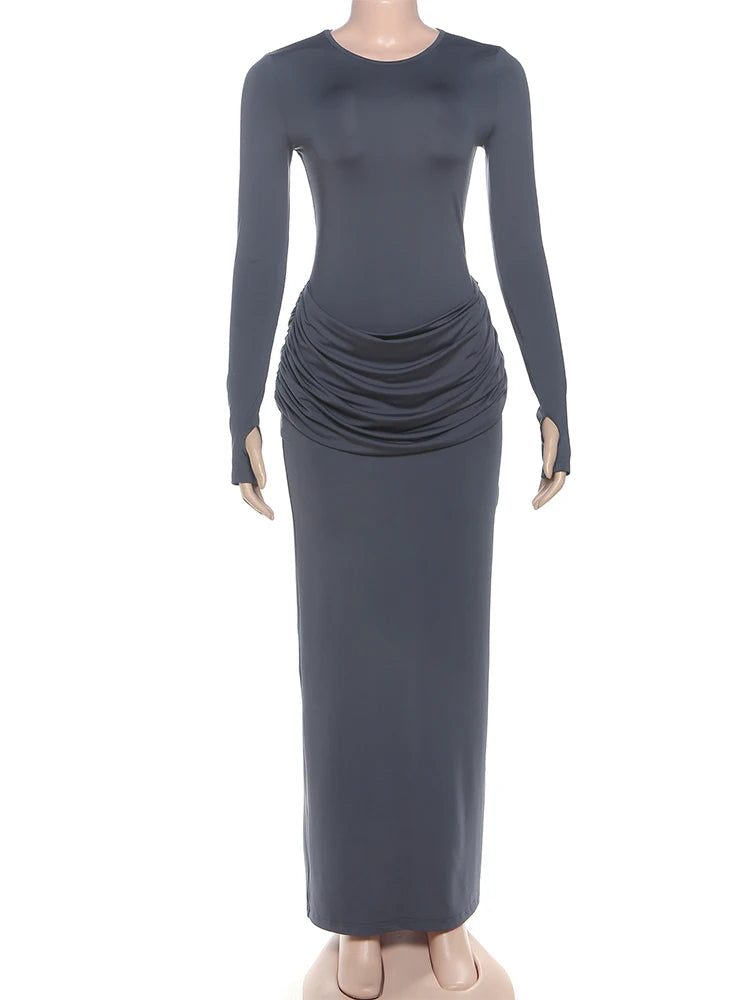 Casual Ruched Elegant Long Dresses Woman Autumn Style Classic o-Neck Full Sleeve Skinny High Waist Robe Basic Vestidos