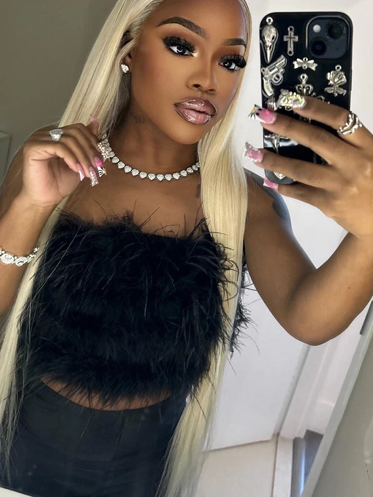 Furry Women 2 Piece Set Women Hipster Feather Strapless Tops+Bike Shorts Matching Hipster Summer Midnight Clubwear