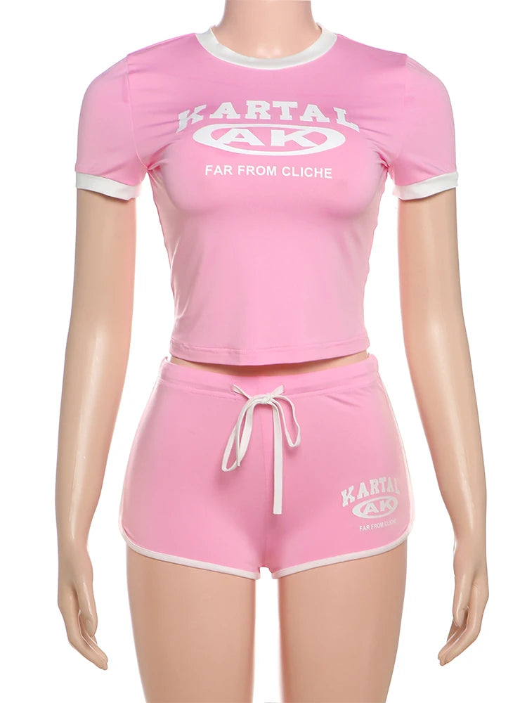 Activity 2piece Set Women Tracksuit Shorts Sleeve Crop Tops+Biker Shorts Letter Print Matching Street Stretch Suits