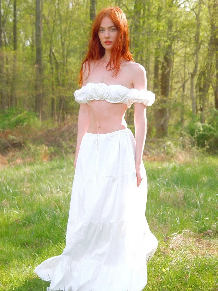 Folds 2Piece Set Women 3D Flowers Elegant Puff Sleeves Slash Neck Crop Tops+Lace-Up Skirts Sweet Matching Summer Suit