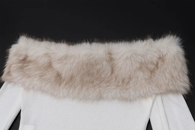 Faux Fur Collar Off Shoulder Long Sleeve Tees White Rib Crop Tops Streetwear Tshirts Y2k Woman Clothes
