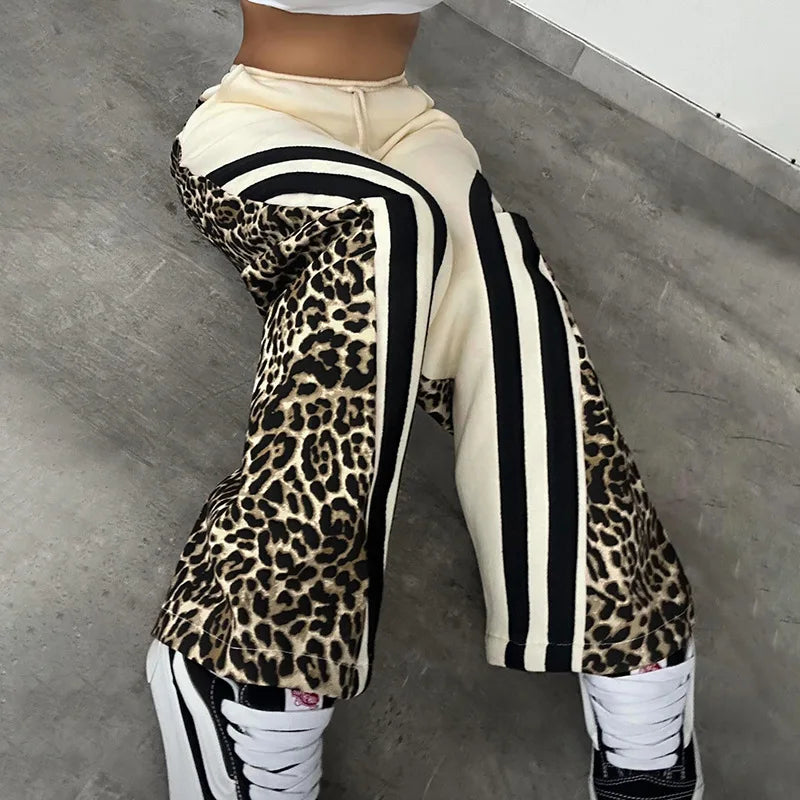 Leopard Striped Print Drawstring Sweatpants Fall Clothes Women Streetwear Casual Pants Wide Leg Trousers