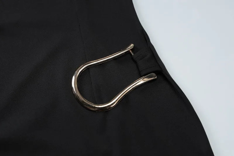 Metal Buckle Draped Short Dresses High Street Fashion Woman Clothing 2025 Summer Dress Black