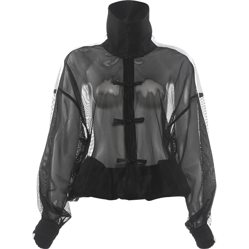 Mesh Patchwork T-Shirts Woman Bow Decoration Zip Stand Collar Full Sleeve Hot Girls High Street Fashion Style Tees