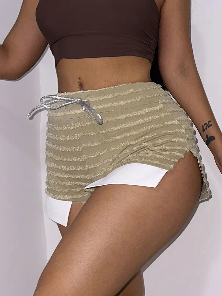 Black and White Striped Knitted Drawstring Slit Booty Shorts Streetwear Baddie Clothes Hot Pants Sexy Clubwear