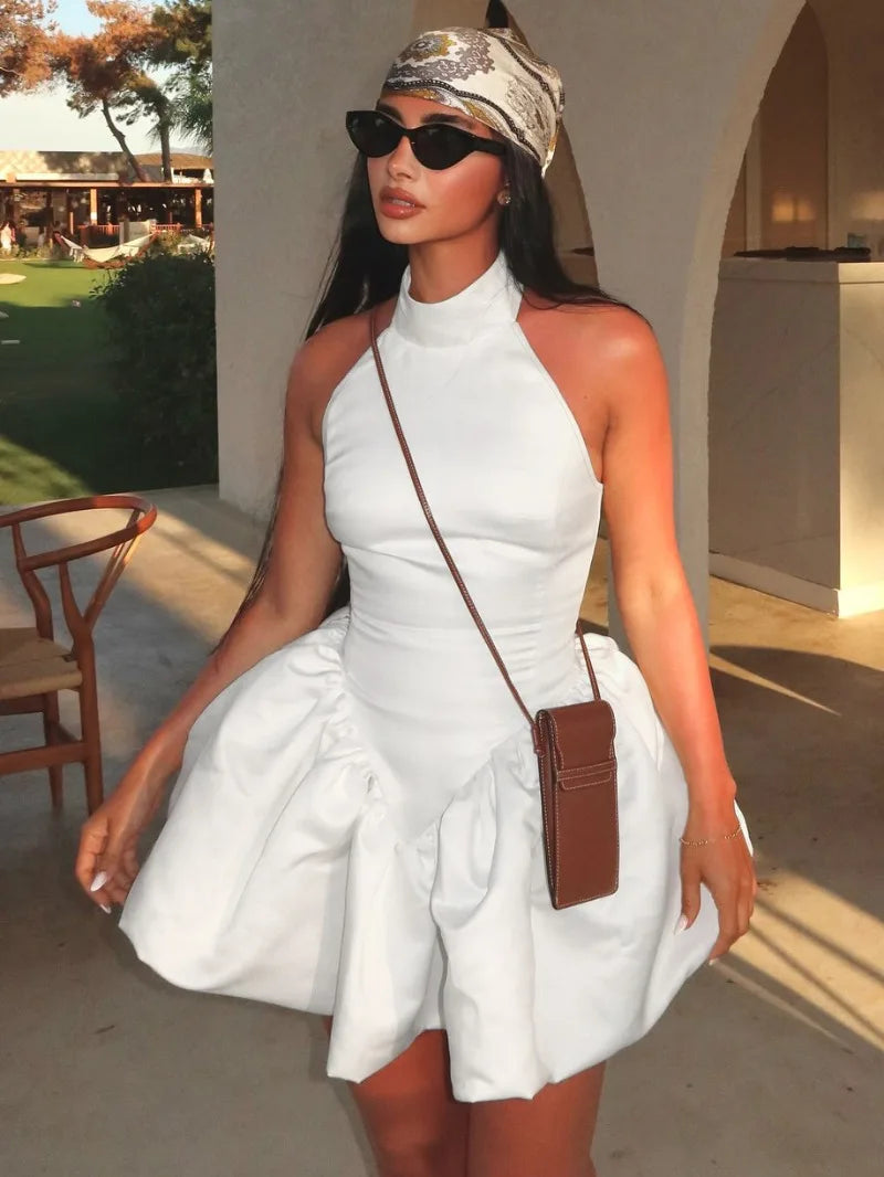 Halter Backless Bubble Short Dresses Elegant White Black Summer Dress Woman Clothing 2025