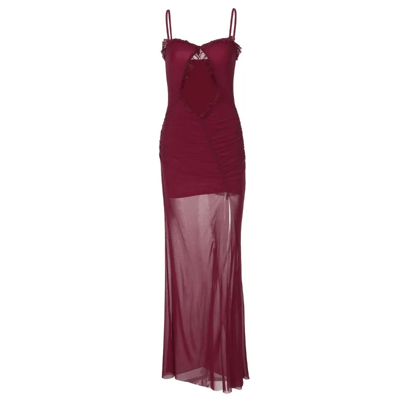 See Through Mesh Splicing Elegant Long Dress Women Sexy Summer Outfits Frilly Hollow Out Split Maxi Dresses