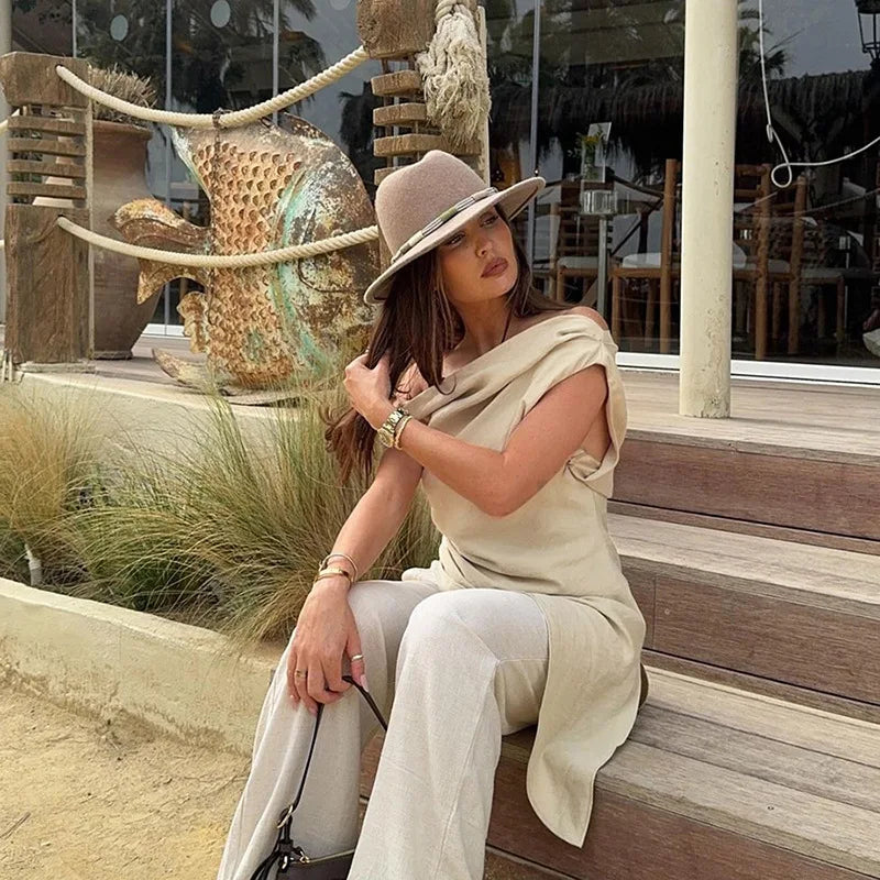 Twisted One Shoulder Asymmetrical Tops Ladies Elegant Fashion Sleeveless Long Shirts & Blouses Summer