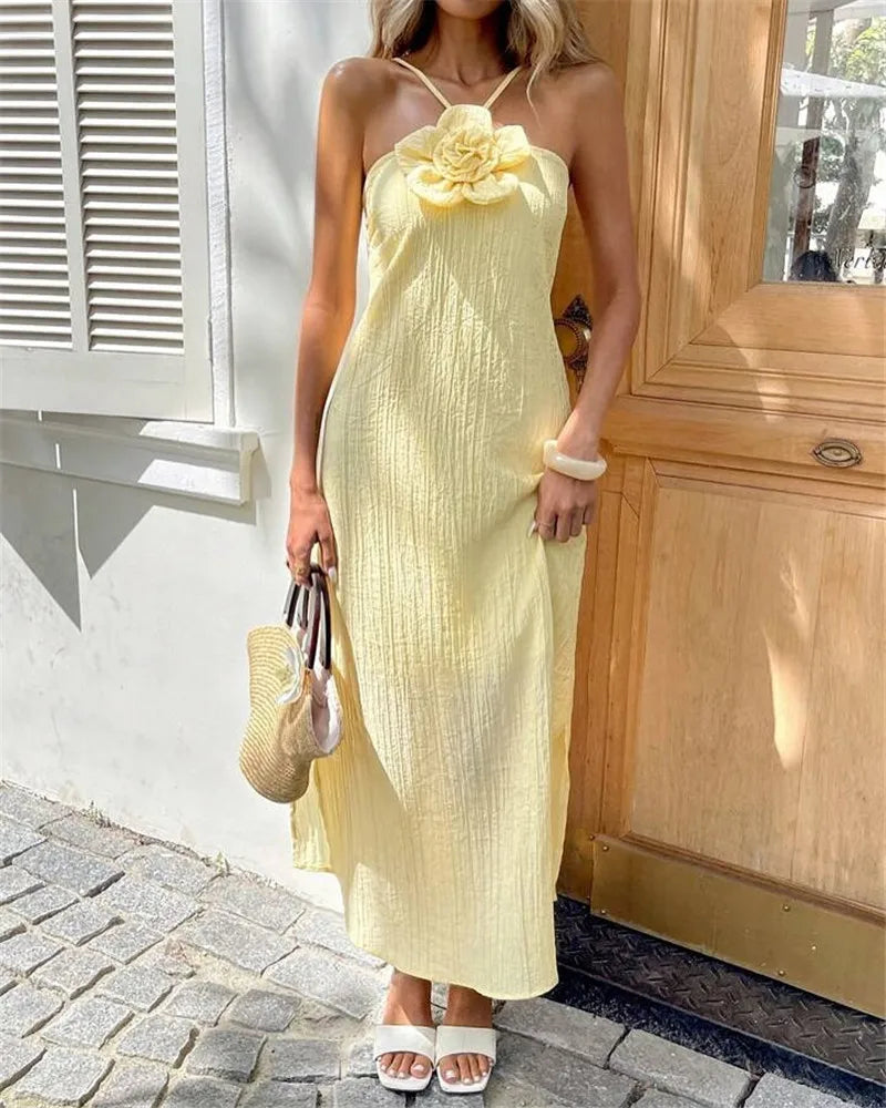 Women's 3D Flower Halter Maxi Dress Crinkled Textured Fabric Sleeveless Flowy Long Dress for Casual Summer Wear