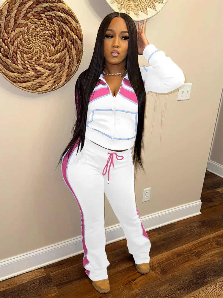 Fashion 2Piece Set Woman Contrast Patchwork Full Sleeve Zip Cardigan Jacket+Drawstring Long Pants Sporty Casual Tracksuit