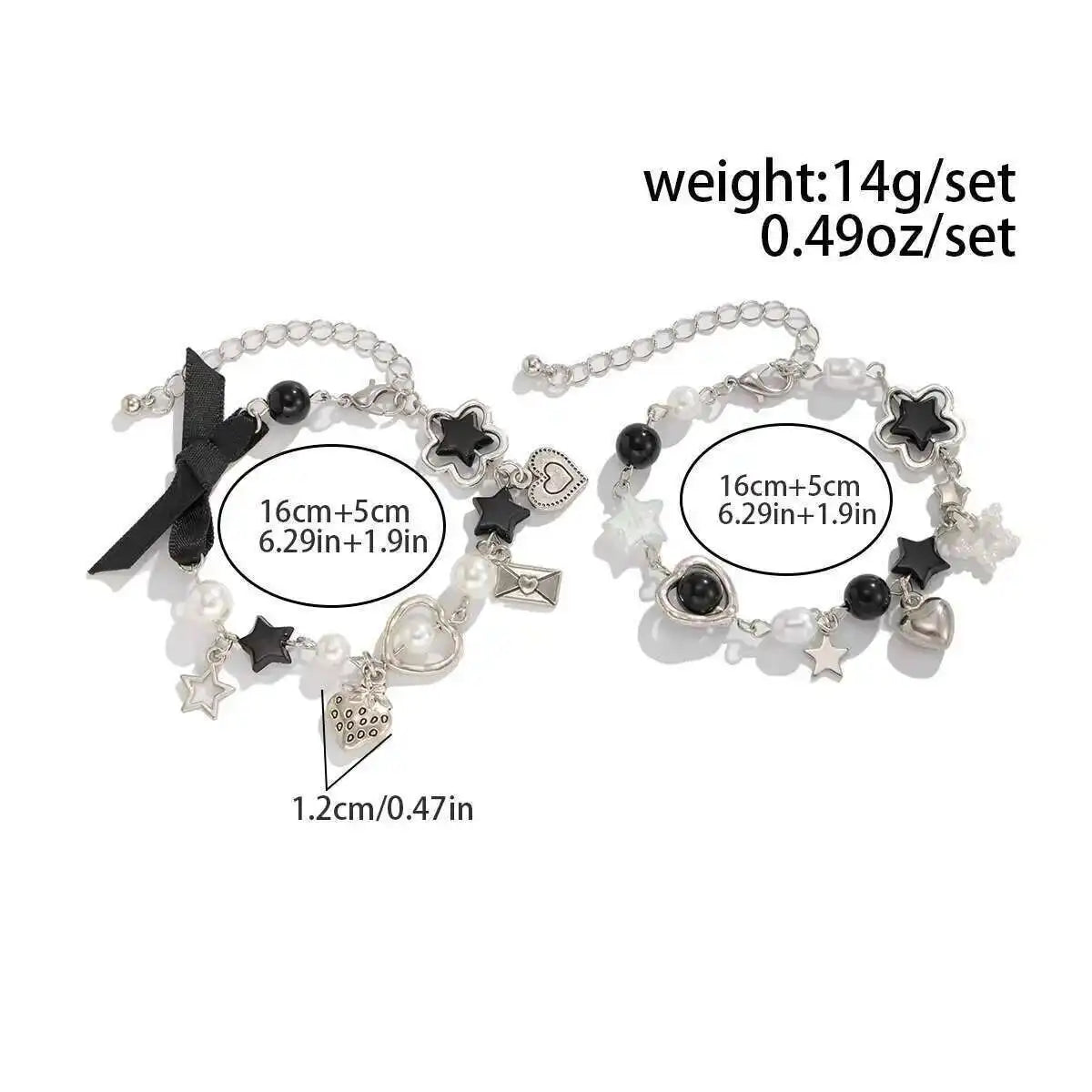 2Pcs/Set Aesthetic Ribbon Imitation Pearl Bracelets for Women Beads Acrylic Star Pendant Bangles Wedding Jewelry New
