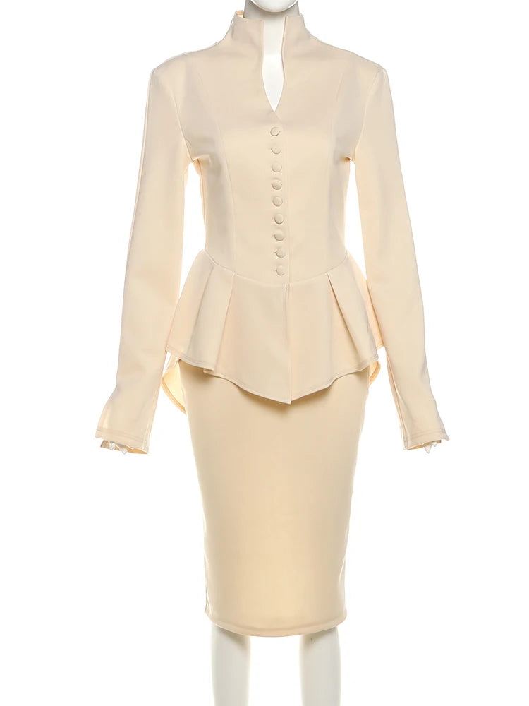 Elegant Office 2Piece Set Women Classic Long Sleeve Single Button Ruffled Jacket+Peach Hip Mid Skirt Matching Outfits