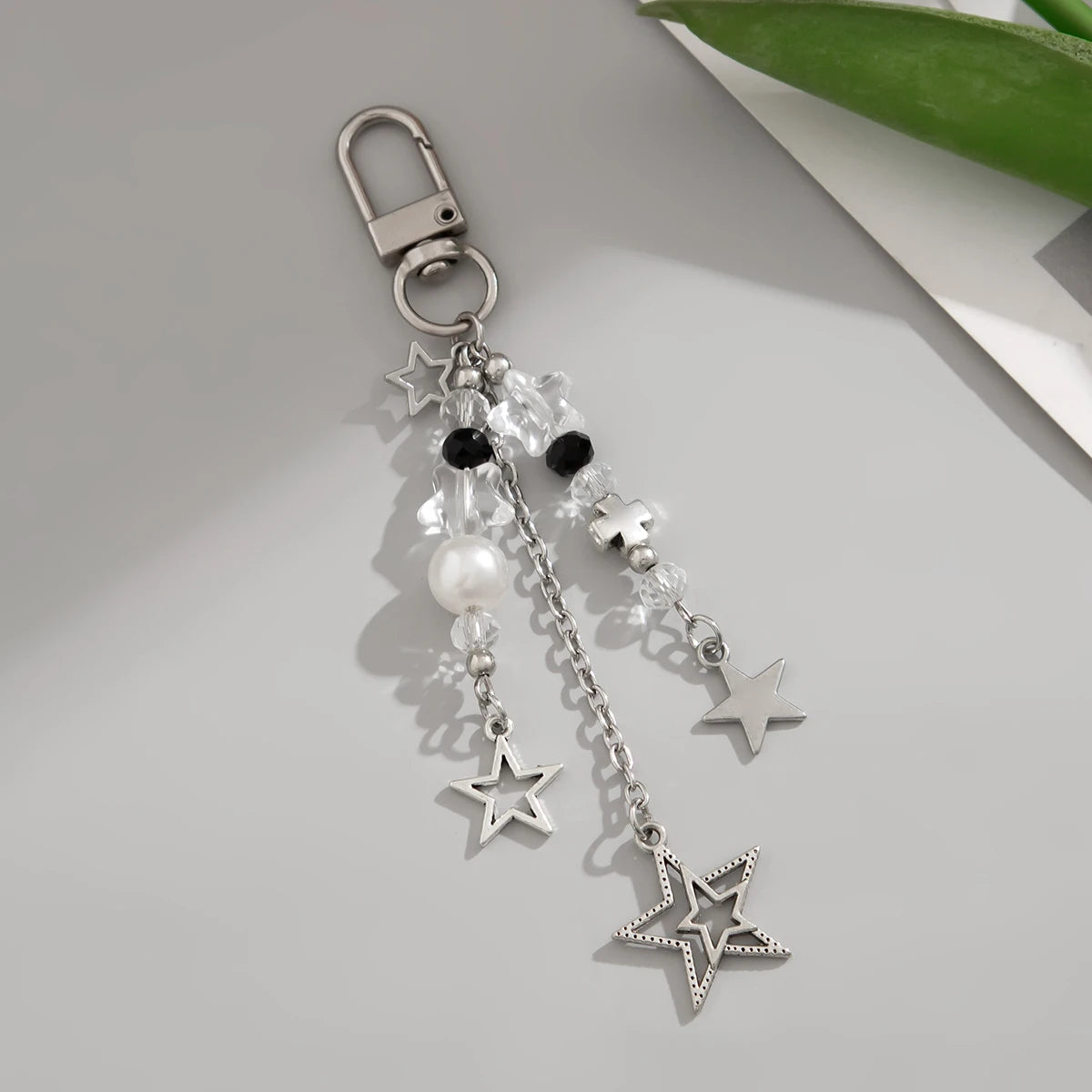 Vintage Hollow Star Cross Pendant Keychain Korean Fashion Beads Keyring Jeans Bag Chain Pendant Y2K Jewelry Accessories