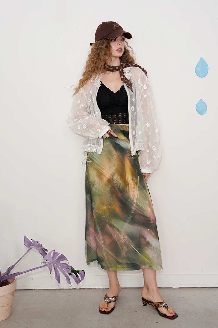 2025 Summer New Arrival Light Multi-color Oil Painting Style Graphic Maxi Skirt For Woman