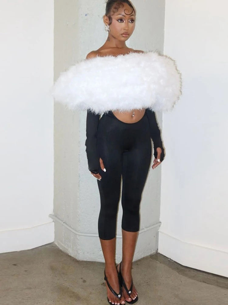 Furry Slash Neck Jumpsuit Woman Sexy Hollow Patchwork Full Sleeve Backless Skinny Hottie Street Autumn New Overalls
