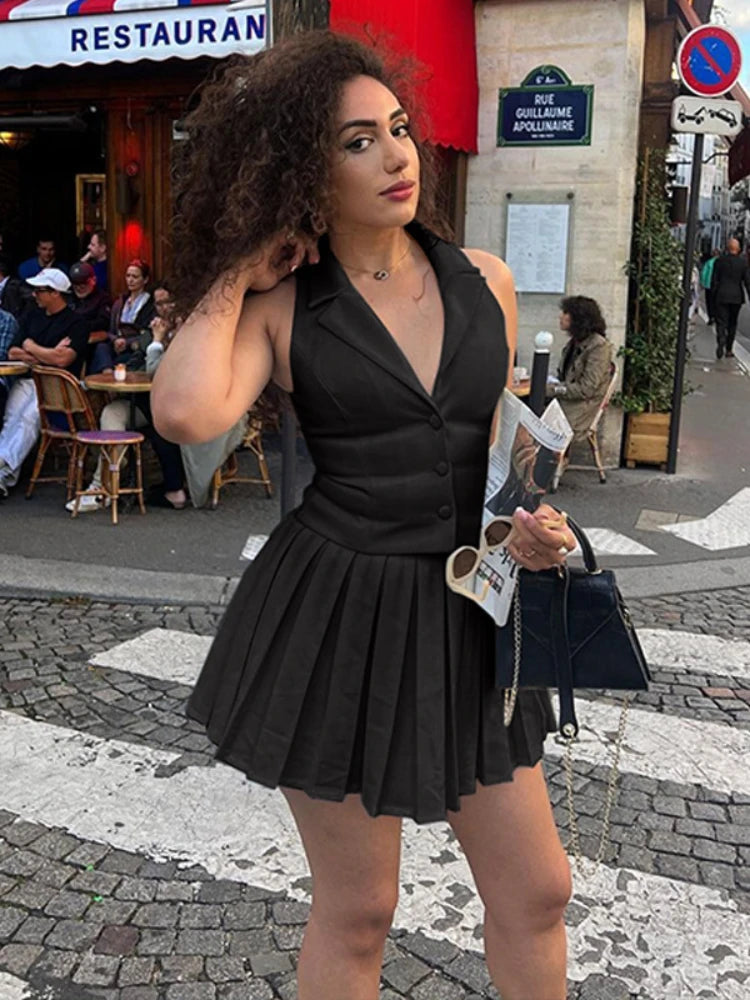 White V Neck Vest Top and Pleated Mini Skirt Sets Women 2 Piece Outfit Sexy Summer Clothes Women