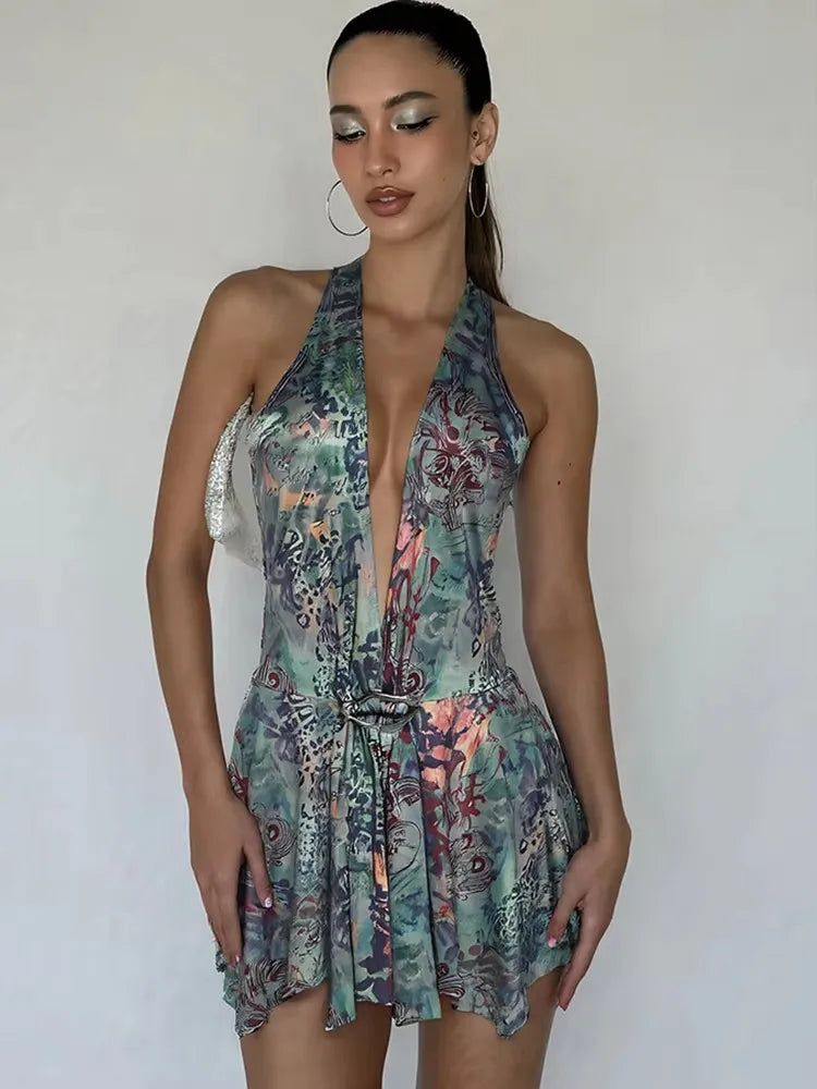 Fashion Print Mini Dress Women Halter Deep V-Neck Sexy Backless Ruched Ruffles Hem Vacation Trend Beach Party Outfits