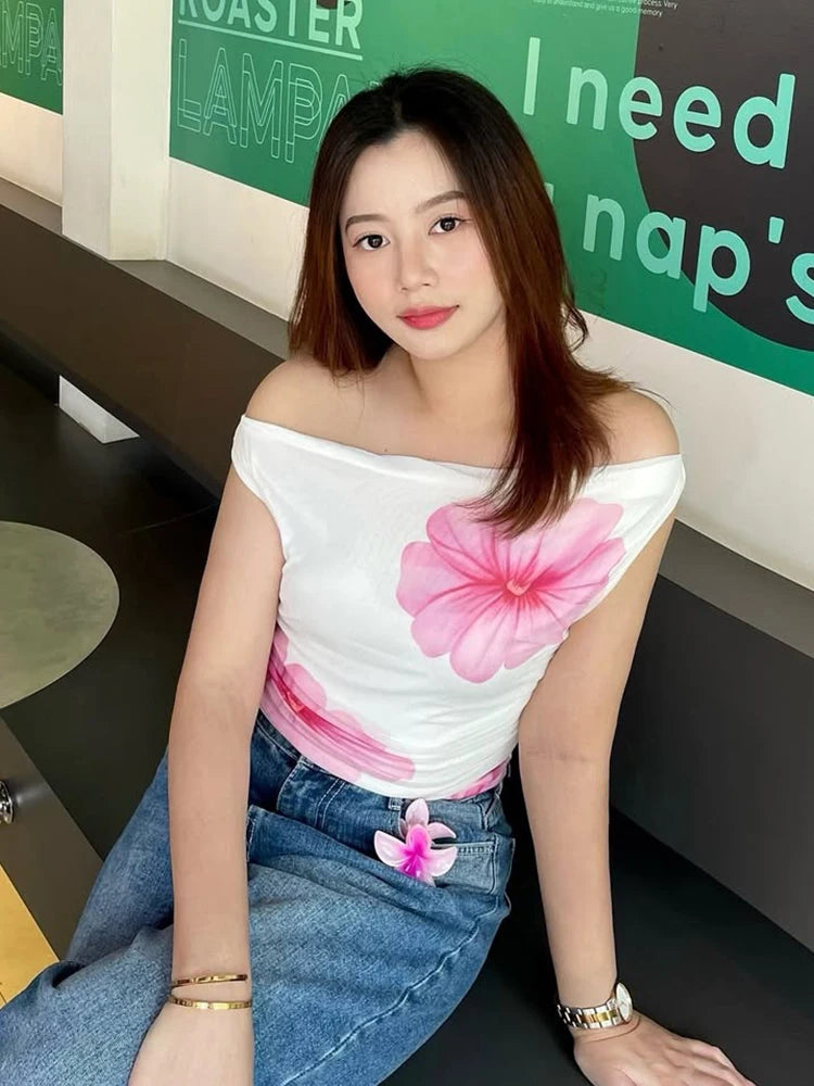 Flower Print T-Shirt Women One Shoulder Patchwork Folds Skinny Elasticity Summer Sweet Basic Street Daily Mini Tops