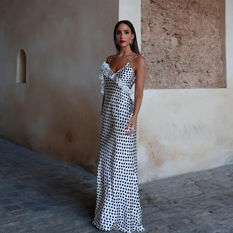Polka-dot Vacation Beach Dresses Woman Summer Elegant Sexy 3d Floral-applique Ruffle Backless Maxi Dress