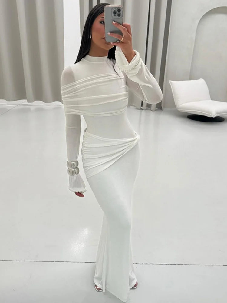Mesh Patchwork Long Sleeve Maxi Dress White Elegant Dresses for Woman for Party Evening Gown Fall Winter 2025
