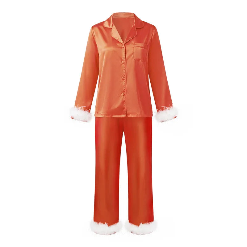 Women Satin Feather Trim Pajama Set Lapel Button Front Long Sleeve Shirt + Long Pants Christmas Loungewear Sleepwear Set