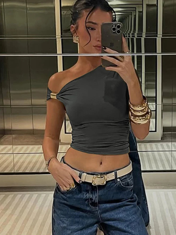 Irregular Off Shoulder T-Shirts Women Ruched Fashion Skew Collar Single Sleeve Daily Casual Solid Simple Streetwear