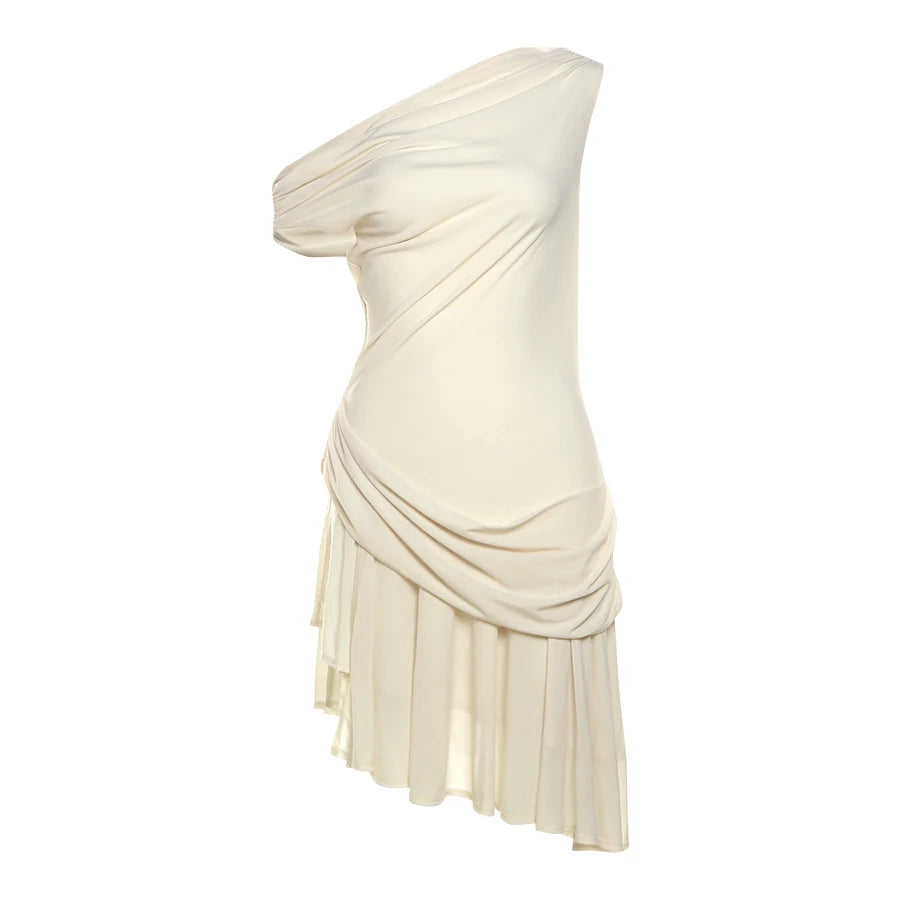 Inclined Shoulder Dress Woman Summer Sexy Patchwork Ruffles Irregular Hem Solid Tierred Drawstring Skinny Bodycon