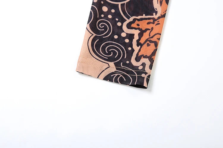 See Through T-Shirts Women Tiger Print Long Sleeve High Neck High Slits High Elastic Skinny Trend Street Hipster Tops