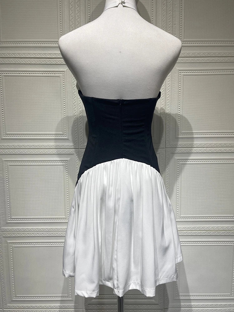 Patchwork Halter Backless Sexy Mini Dress Women Elegant Fashion V Neck Sleeveless High Waist Pleated Club Party Dresses